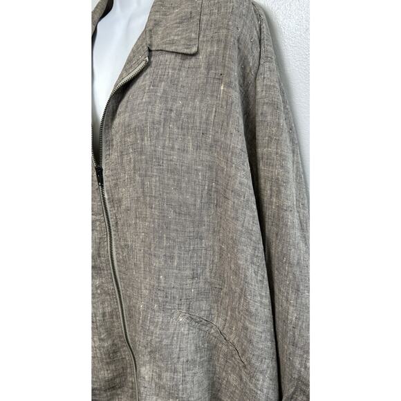 FLAX 100% Linen Zip Front Lightweight Jacket Womens L Lagenlook Gray & Cream - Picture 2 of 8